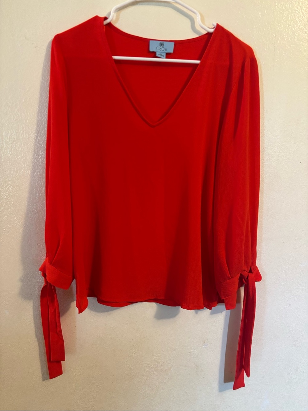CeCe Bright Red V-Neck Tie-Sleeve Blouse